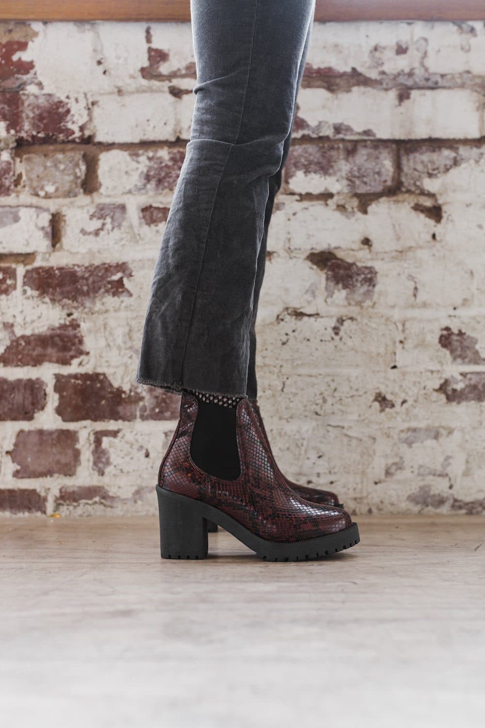Evie vegan snakeskin boots - burgundy faux suede