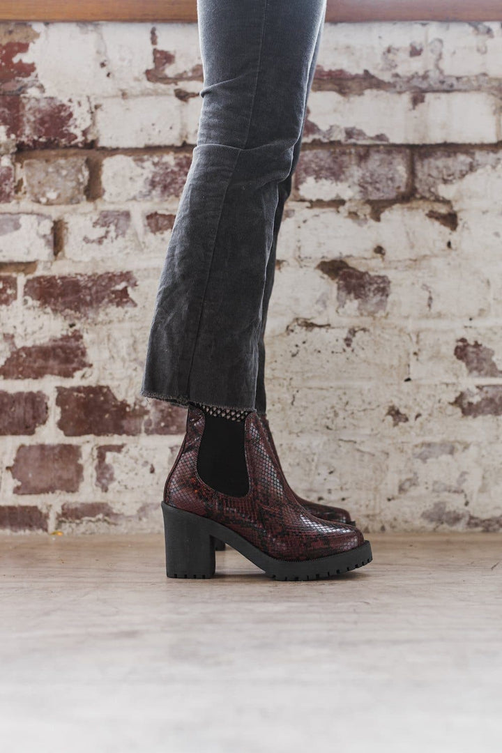 Evie vegan snakeskin boots - burgundy faux suede