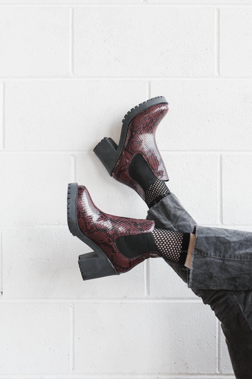 Evie vegan snakeskin boots - burgundy faux suede