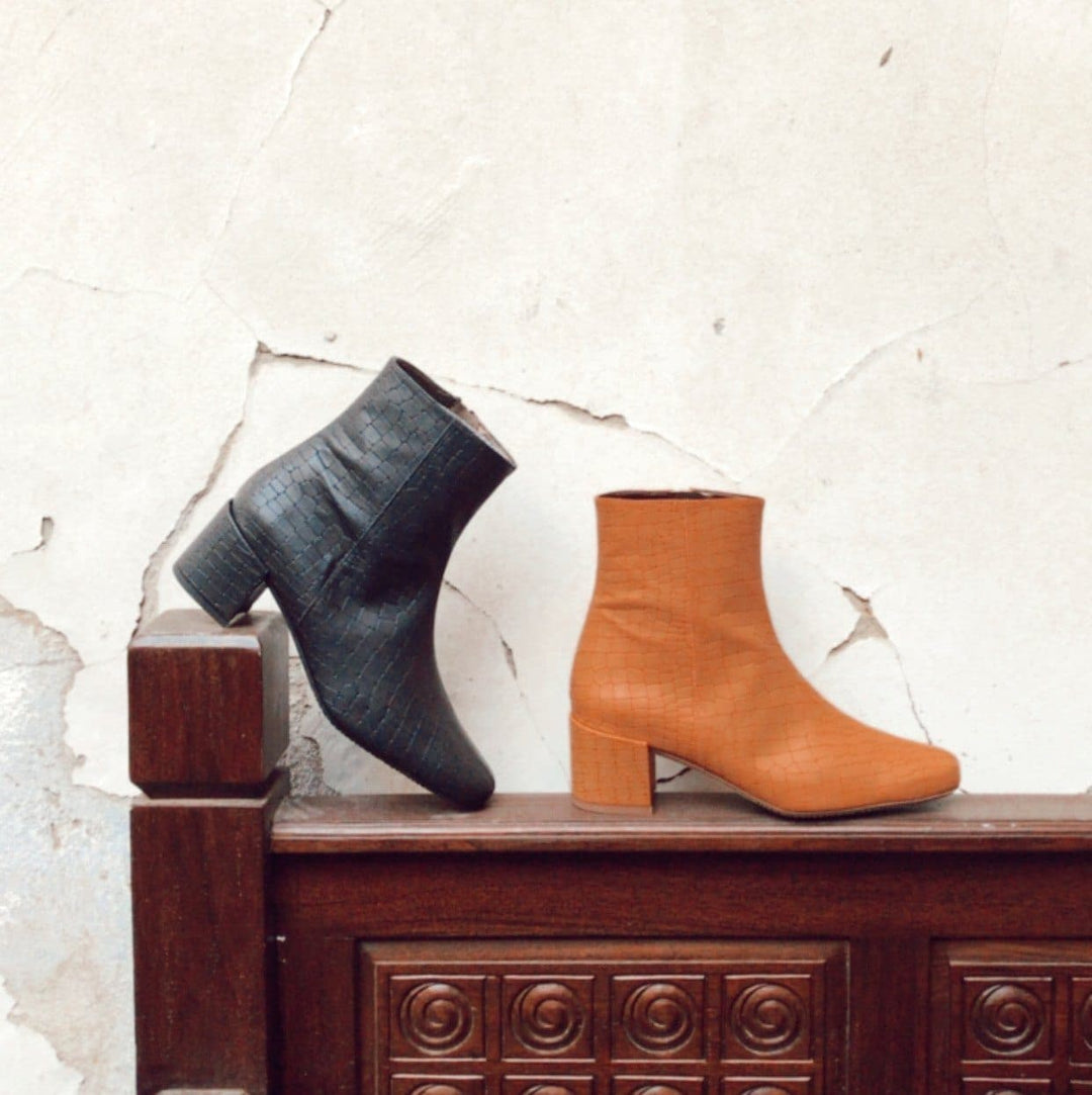 Jacqui vegan crocodile leather ankle boots - black and tan
