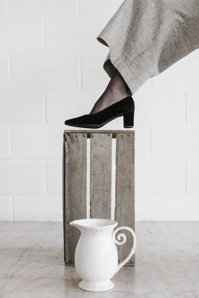 Joy womens vegan low heeled shoes in chocolate velvet, with block heels.