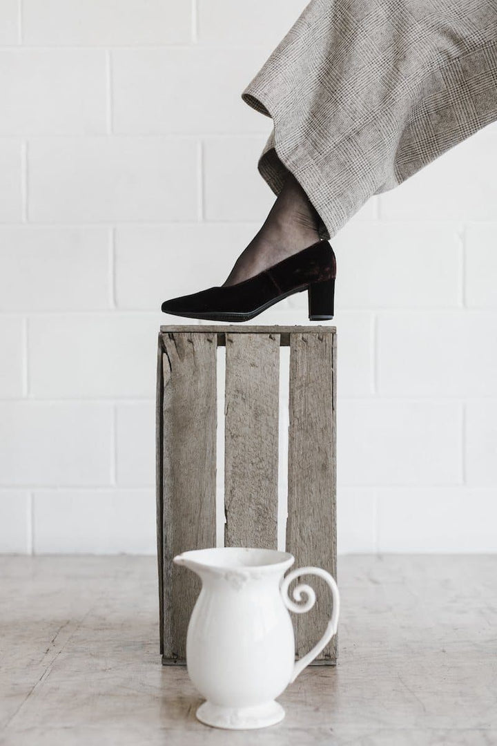 Joy womens vegan low heeled shoes in chocolate velvet, with block heels.