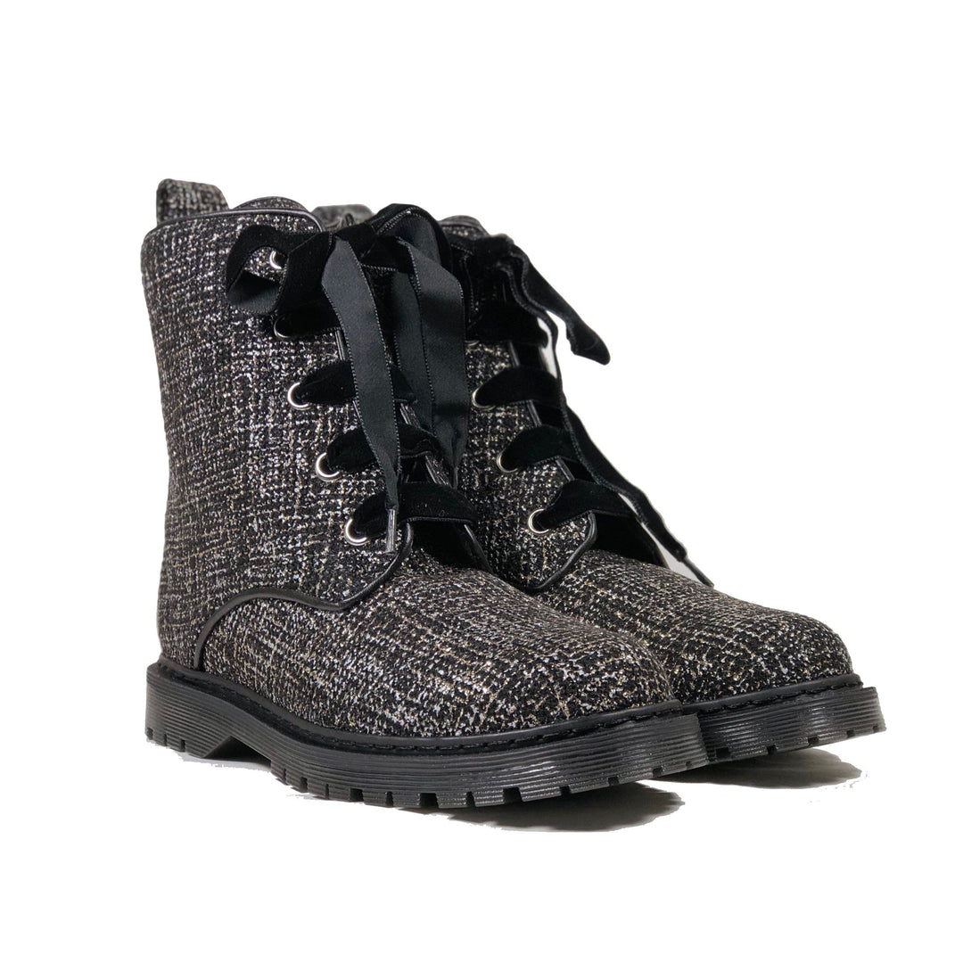 'Billie' Silver/Black textile vegan combat boots by Zette Shoes - Vegan Style