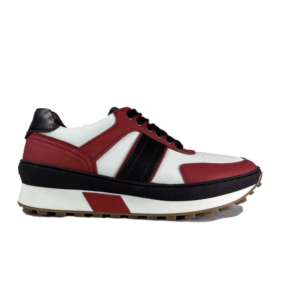A 'Mickey' vegan sneaker by Zette Shoes featuring a lace-up design, primarily in white with red and black details, on a white background.