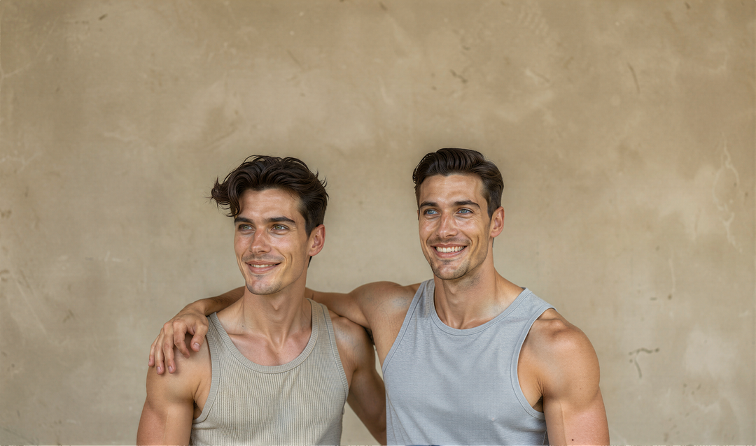 male sitting on the ground wearing tank top and chinos