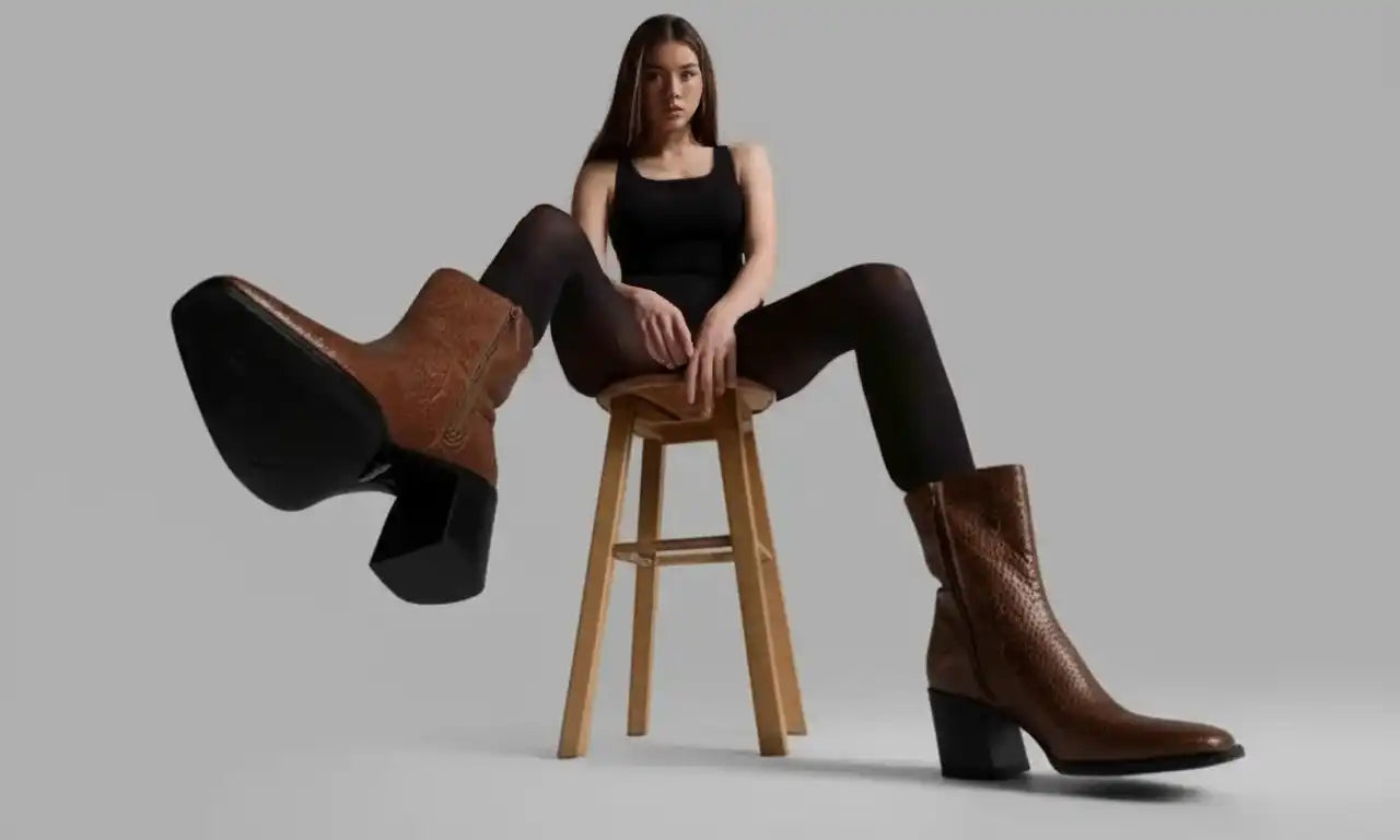 Looking up a woman wearing a pair vegan boots by Zette Shoes. 