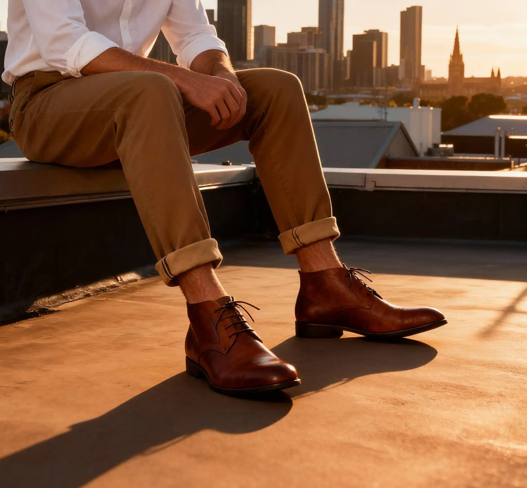 A man wears a pair of Benjie in cognac, vegan chukka boots by Zette Shoes