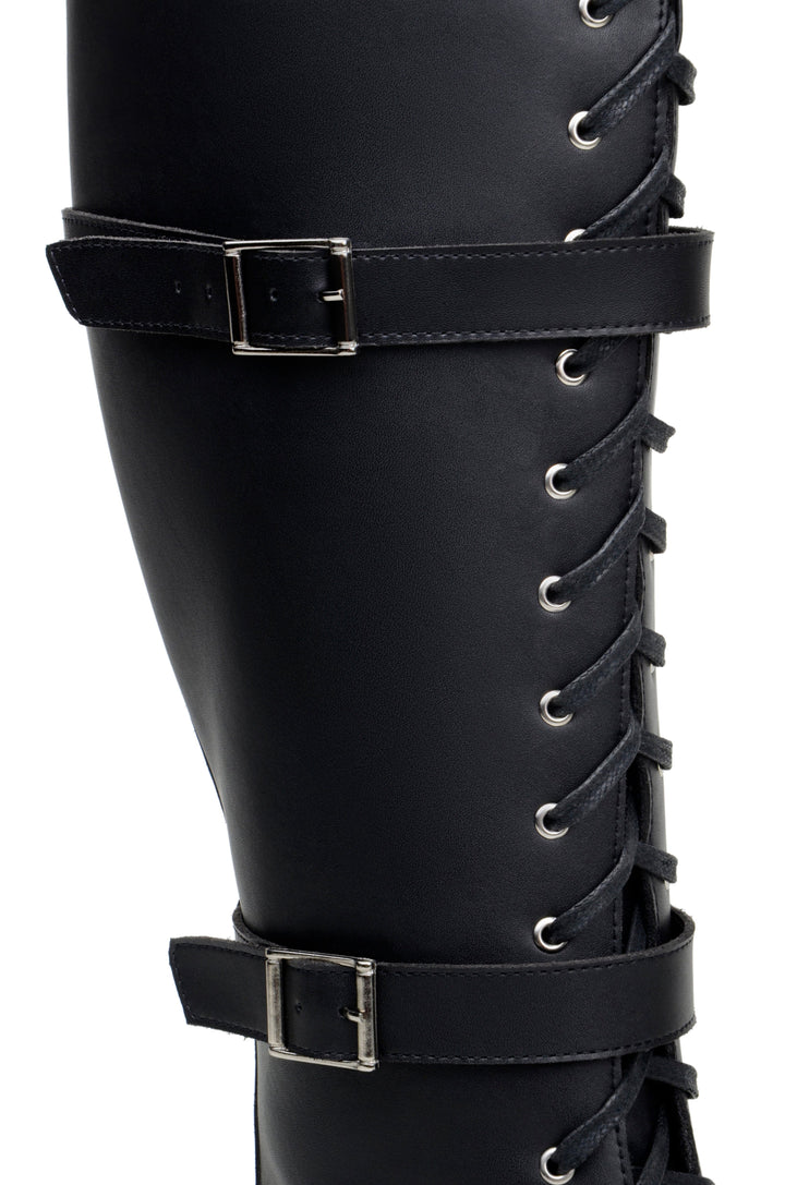 'Renata' women's chunky sole vegan lace-up knee-high boots Zette Shoes - black