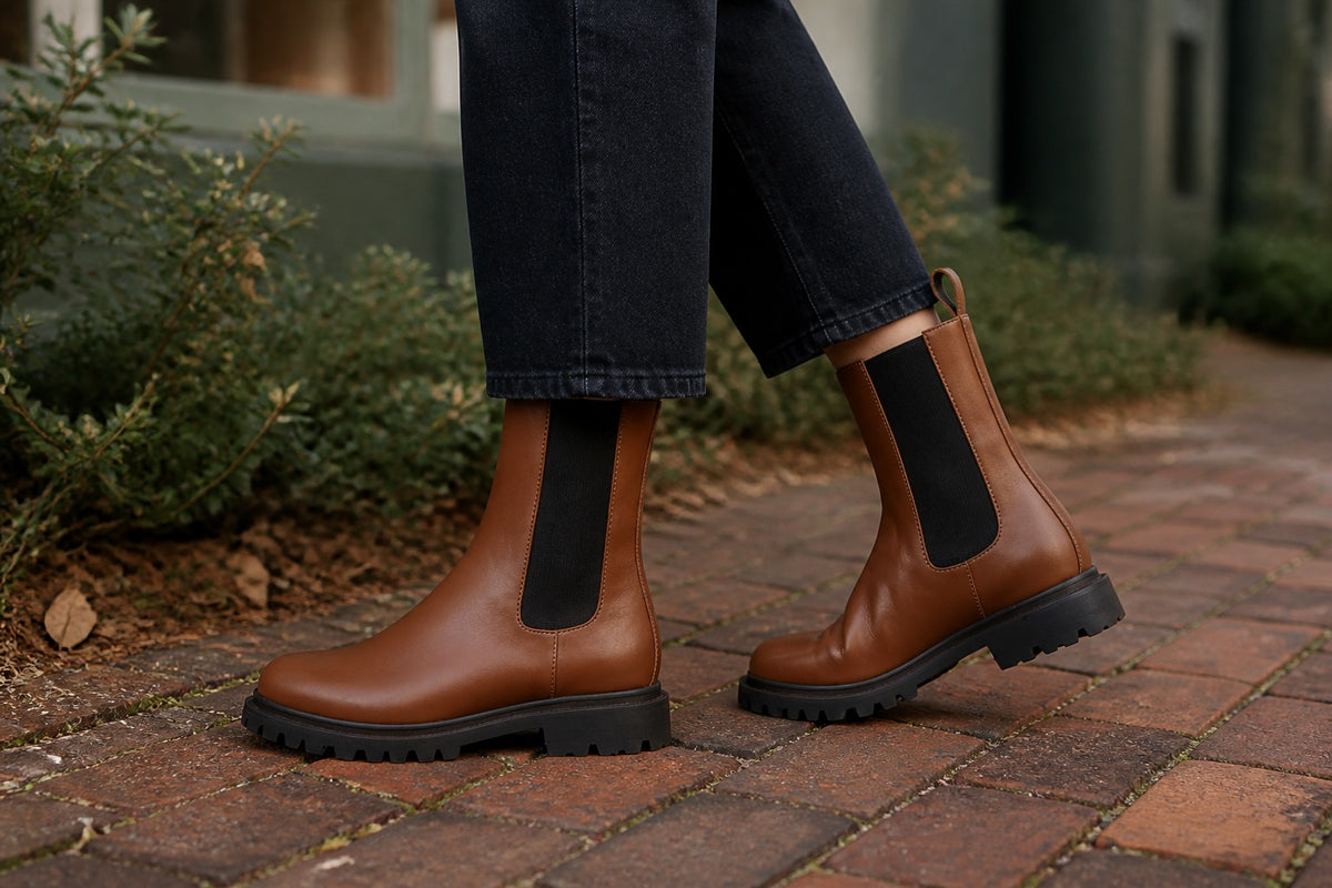 'Chloe' cognac vegan-leather chelsea boot with chunky sole by Zette Shoes