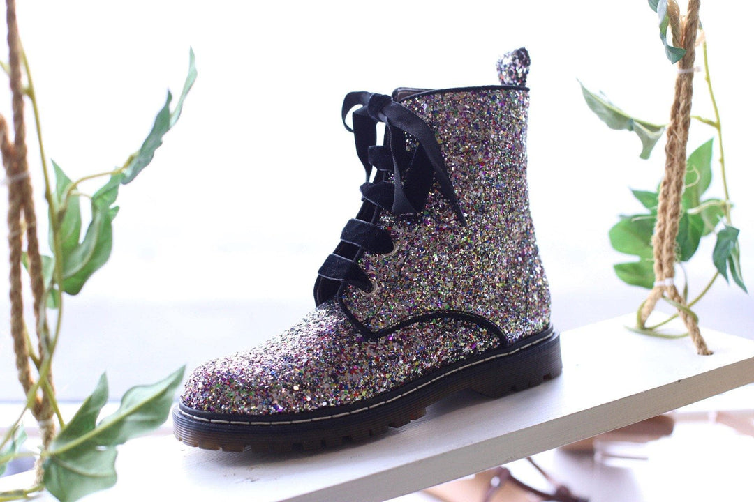 'Billie' Silver/Multicolour Glitter vegan combat boots by Zette Shoes - Vegan Style