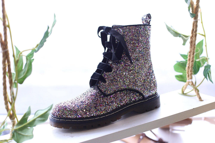 'Billie' Silver/Multicolour Glitter vegan combat boots by Zette Shoes - Vegan Style
