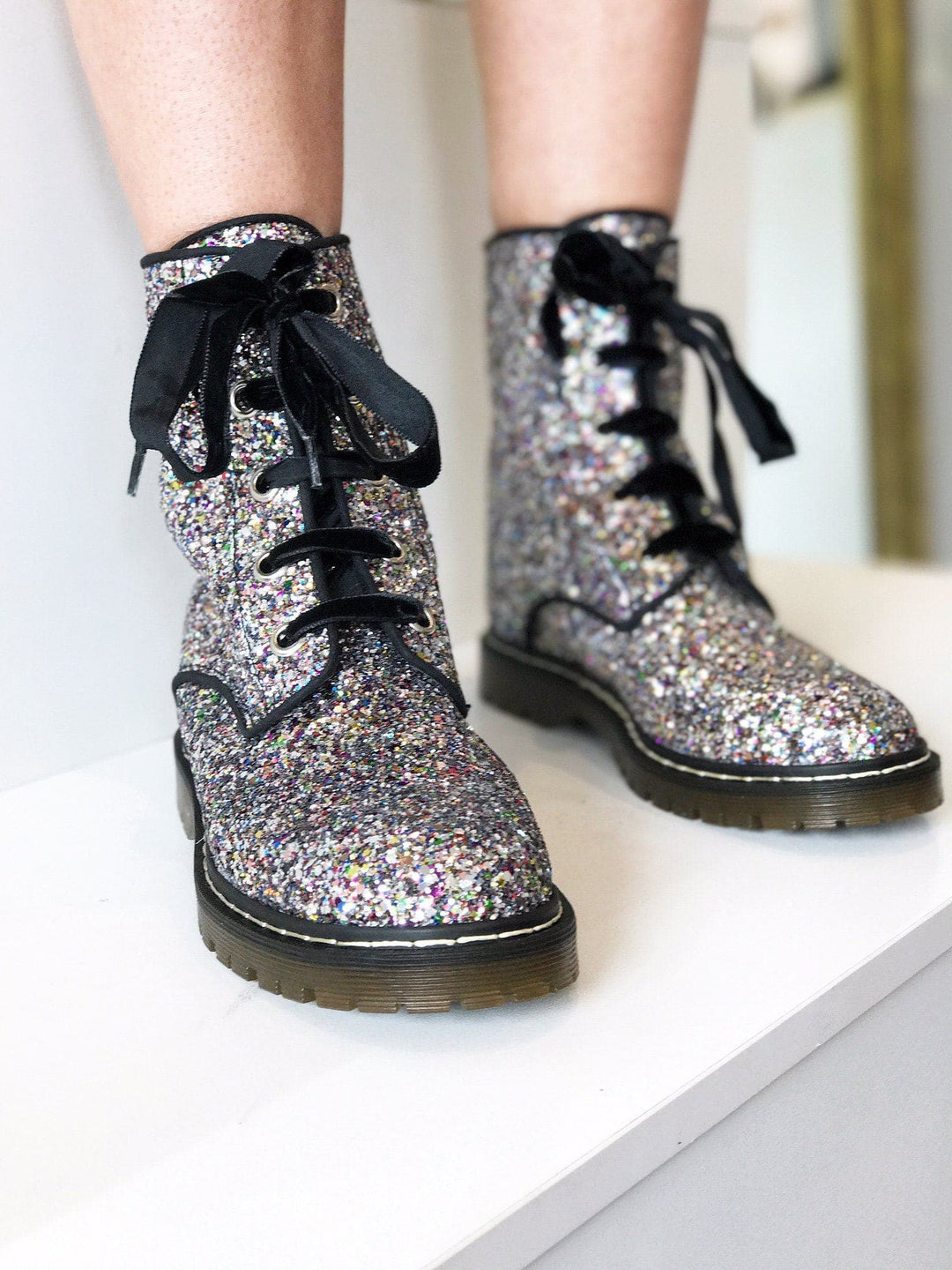 'Billie' Silver/Multicolour Glitter vegan combat boots by Zette Shoes - Vegan Style