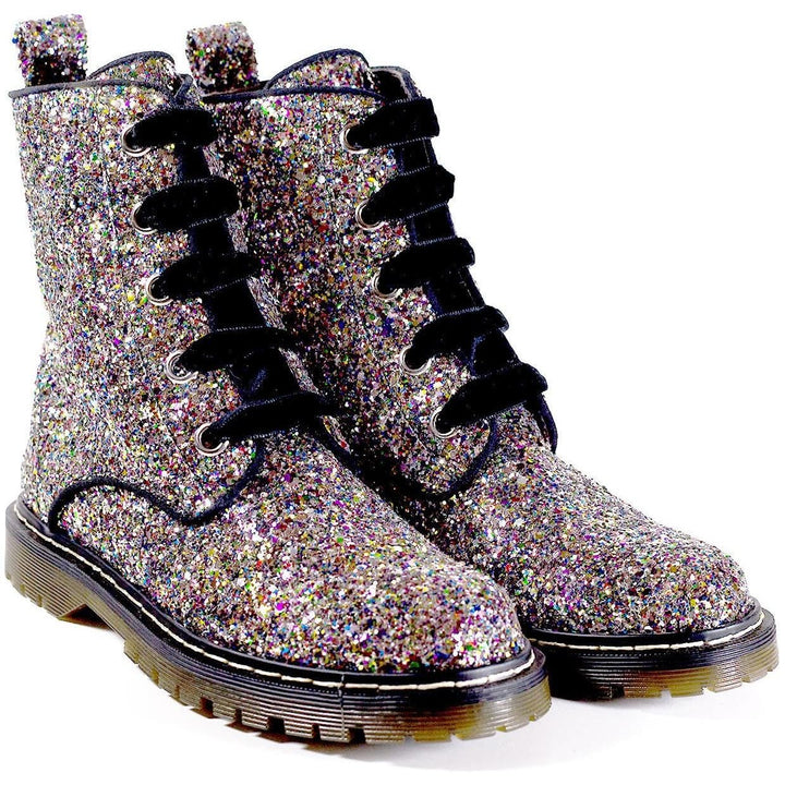 'Billie' Silver/Multicolour Glitter vegan combat boots by Zette Shoes - Vegan Style