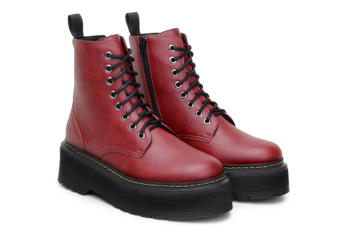 'Quinn' vegan-leather boot with stacked sole by Zette Shoes - cherry red