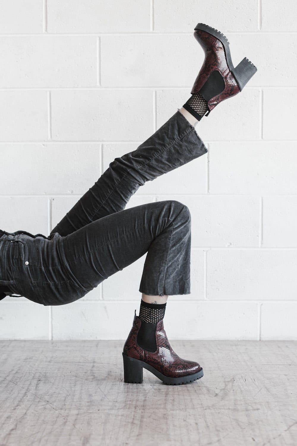 Evie vegan snakeskin boots - burgundy faux suede