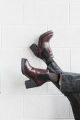 Evie vegan snakeskin boots - burgundy faux suede