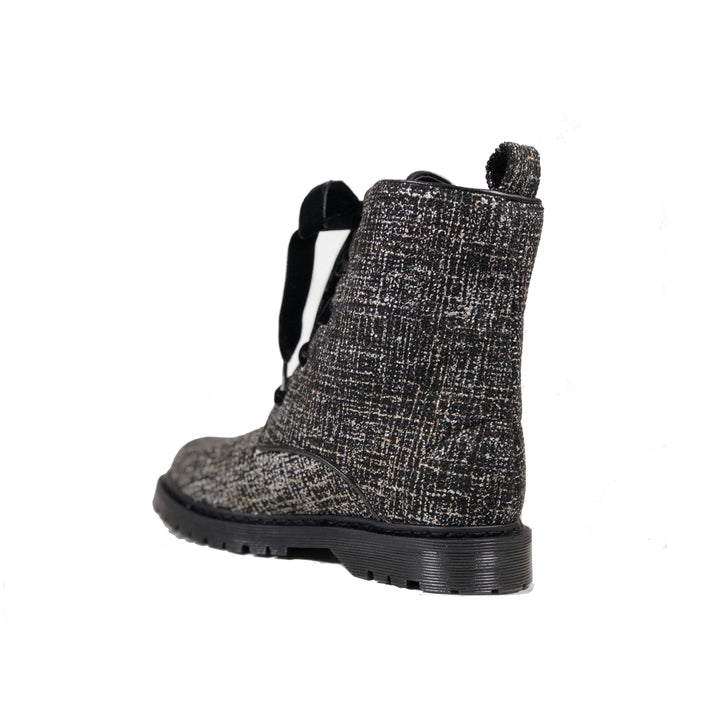 'Billie' Silver/Black textile vegan combat boots by Zette Shoes - Vegan Style