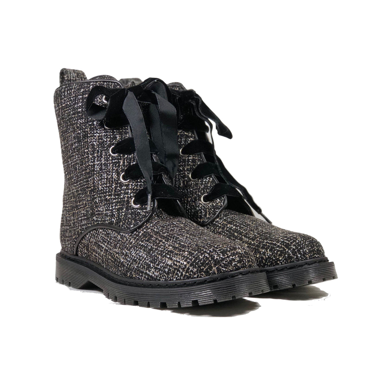 'Billie' Silver/Black textile vegan combat boots by Zette Shoes - Vegan Style