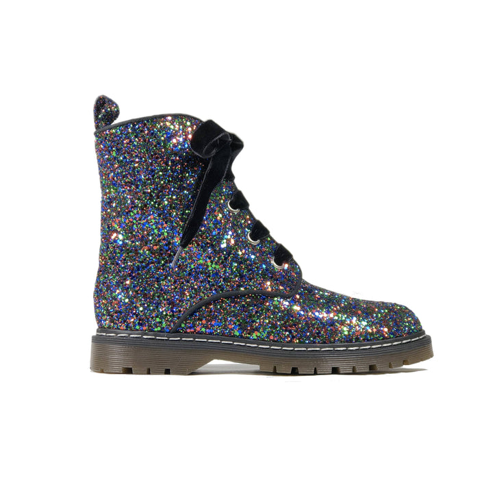 'Billie' Black/Multicolour Glitter vegan combat boots by Zette Shoes - Vegan Style