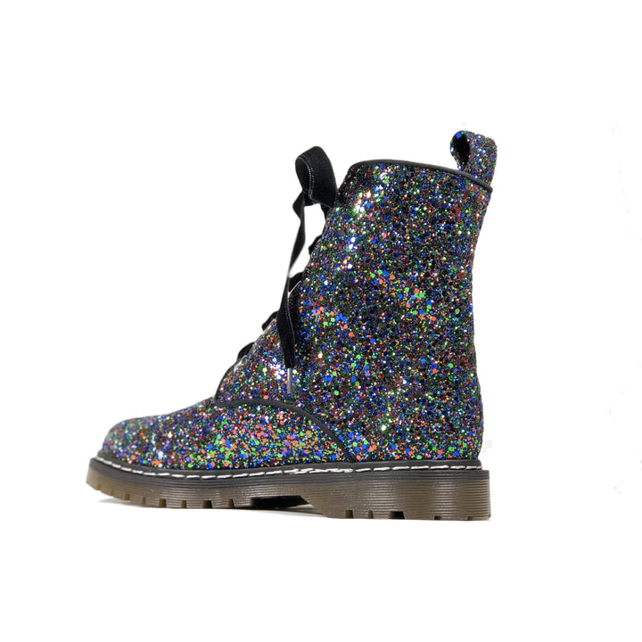 'Billie' Black/Multicolour Glitter vegan combat boots by Zette Shoes - Vegan Style