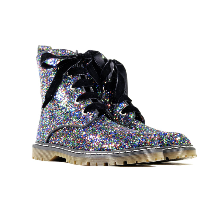 'Billie' Black/Multicolour Glitter vegan combat boots by Zette Shoes - Vegan Style