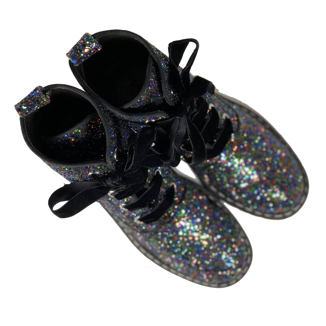 'Billie' Black/Multicolour Glitter vegan combat boots by Zette Shoes - Vegan Style