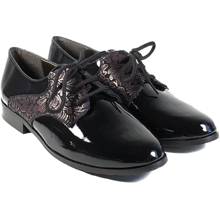 'Renee'  Black vegan-patent leather/textile oxfords by Zette Shoes - Vegan Style