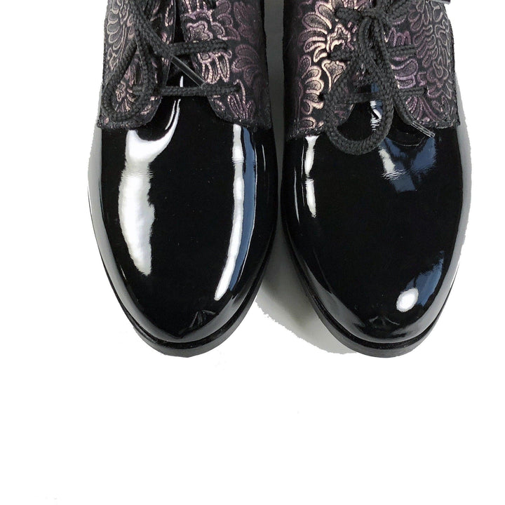 'Renee'  Black vegan-patent leather/textile oxfords by Zette Shoes - Vegan Style