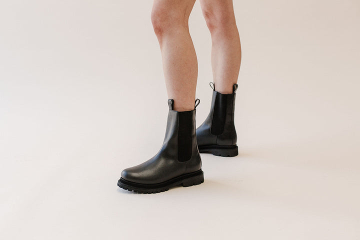 'Chloe' black vegan-leather chelsea boot with chunky sole by Zette Shoes