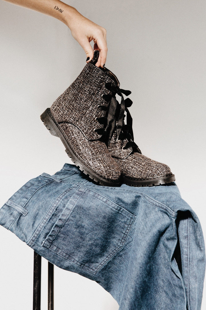 'Billie' Silver/Black textile vegan combat boots by Zette Shoes - Vegan Style