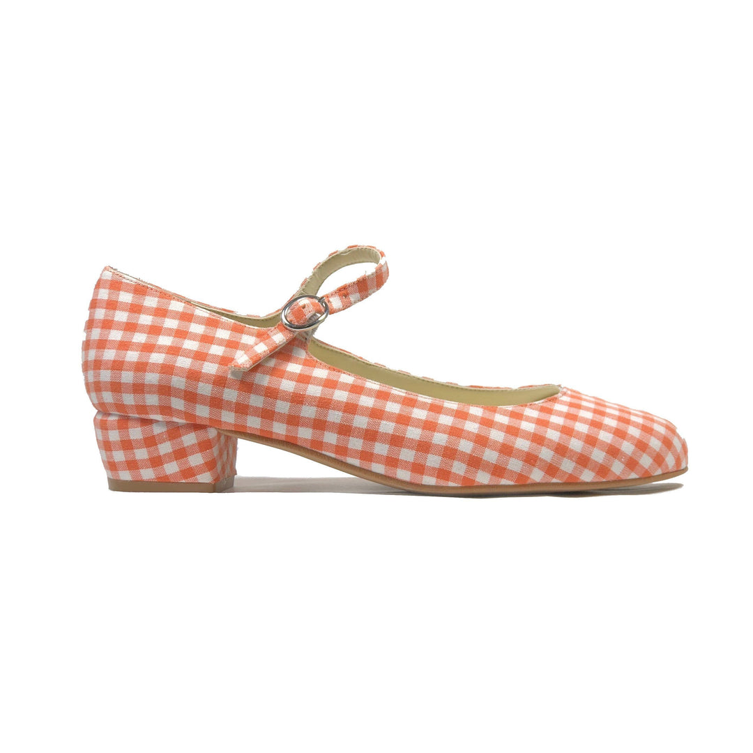 'Gracie' Mary-Jane tangerine gingham textile Low-Heels  by Zette Shoes - Vegan Style
