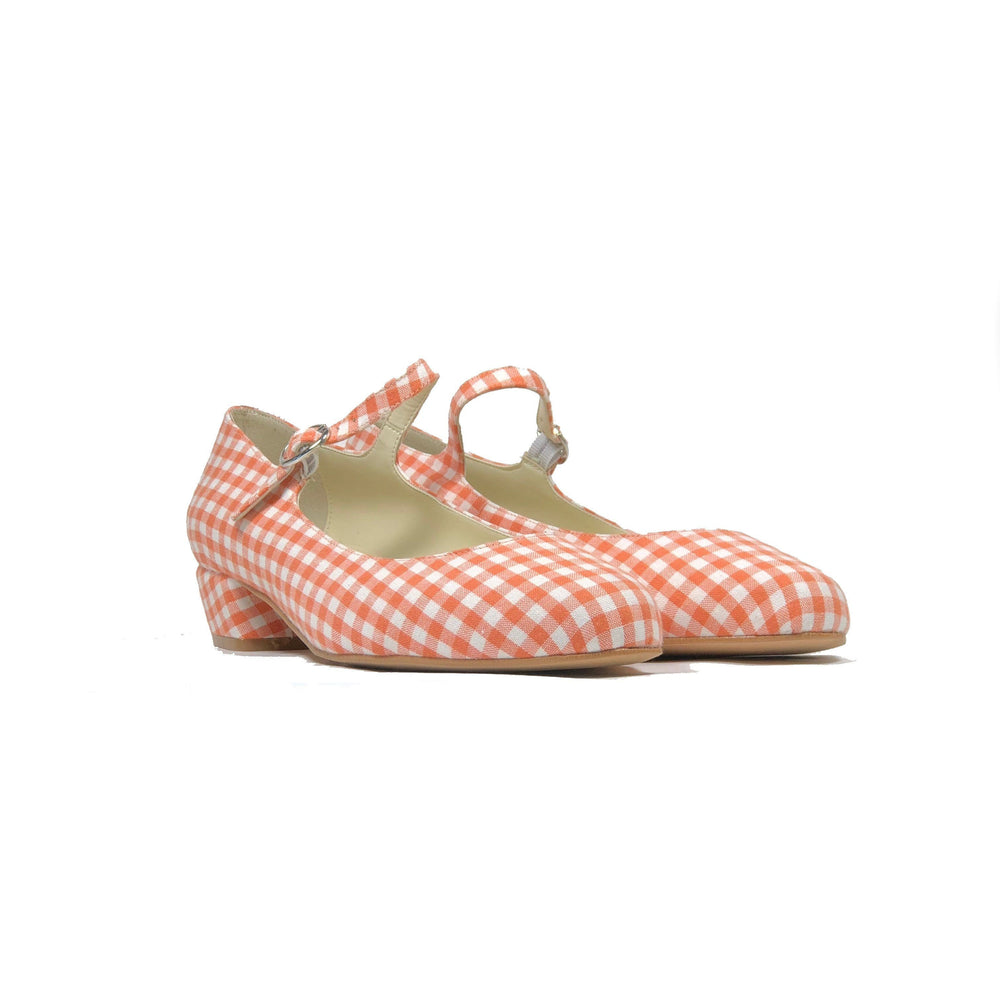 'Gracie' Mary-Jane tangerine gingham textile Low-Heels  by Zette Shoes - Vegan Style