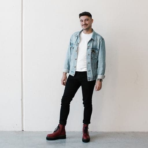 'Quinn' vegan-leather boot with stacked sole by Zette Shoes - cherry red